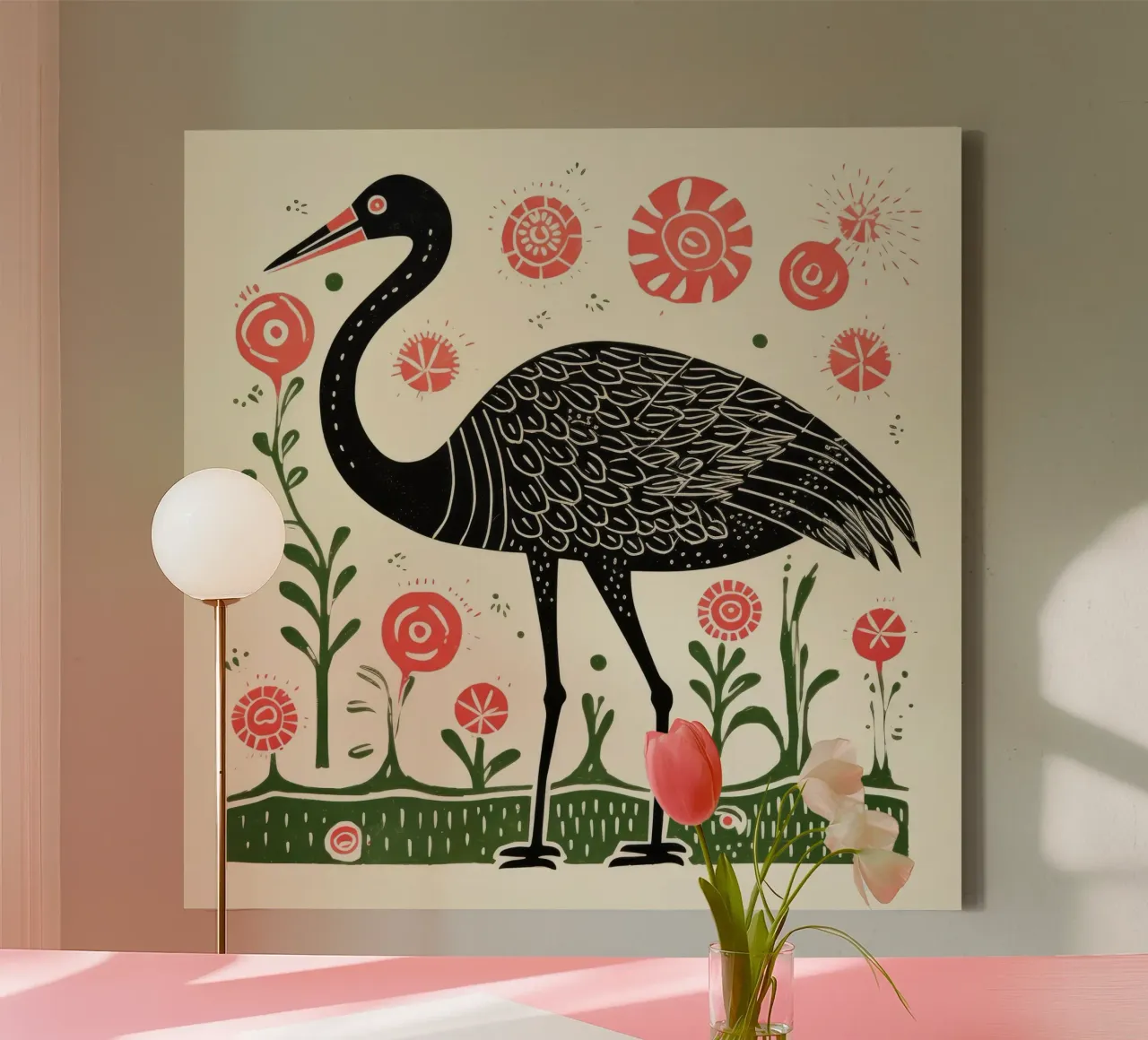 Groene flamingo 2 canvas met Baklijst van Minimal Animal Art