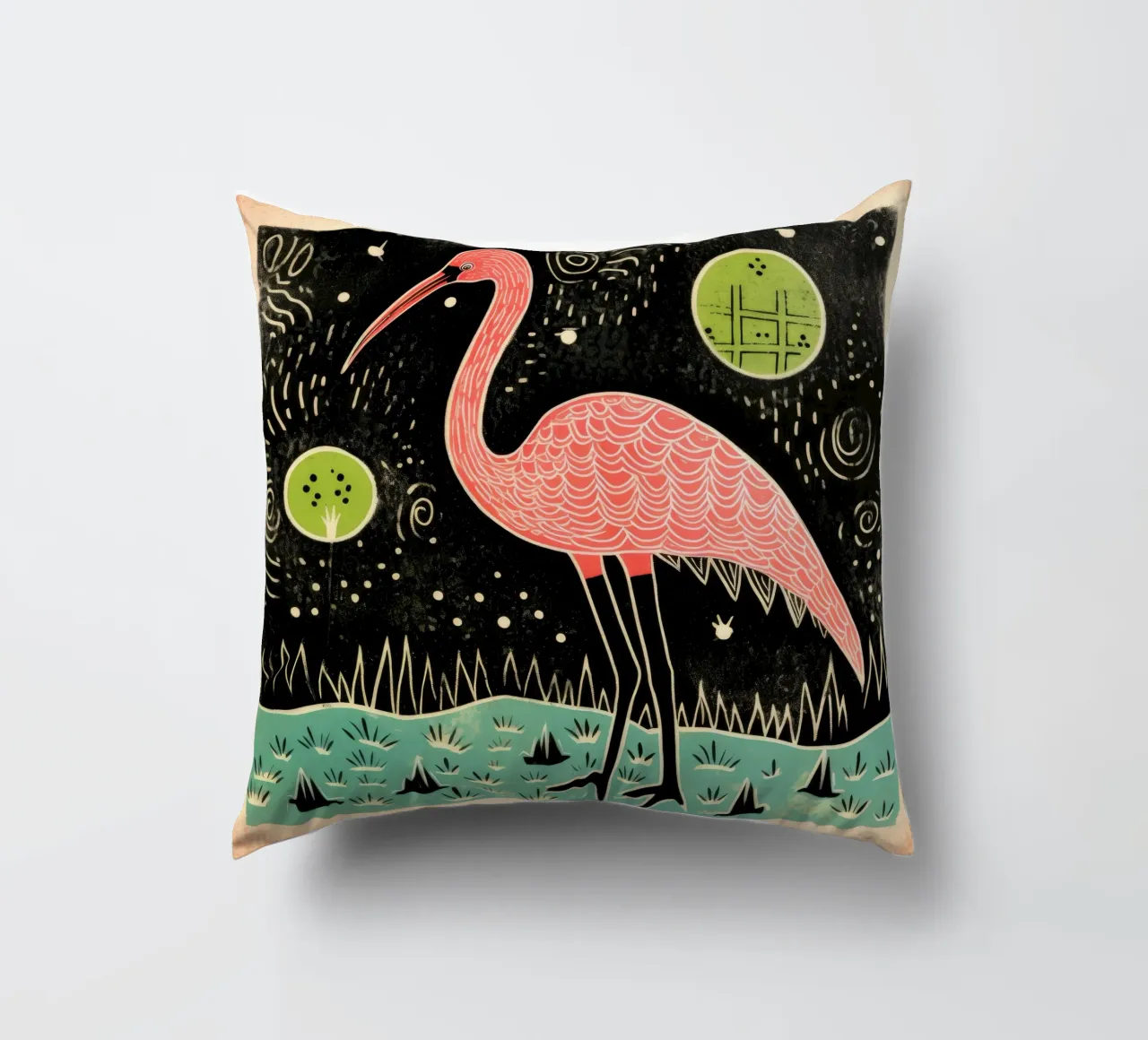 Green Flamingo 3 decorative cushion by Minimal Animal Art