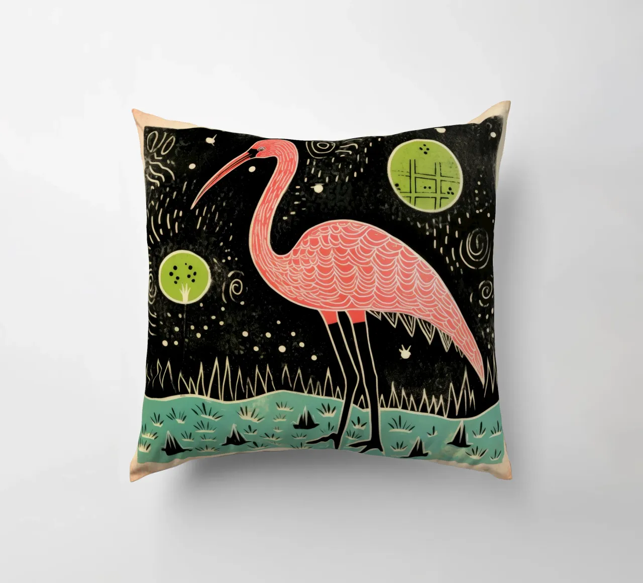 Green Flamingo 3 decorative cushion by Minimal Animal Art