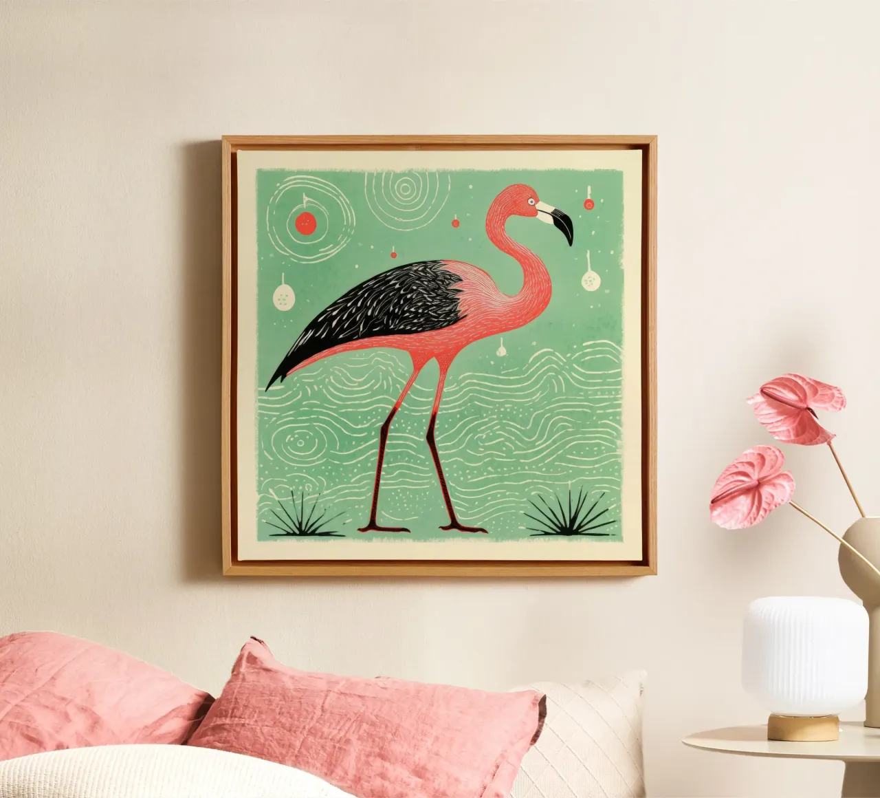 Groene flamingo 4 canvas met Baklijst van Minimal Animal Art