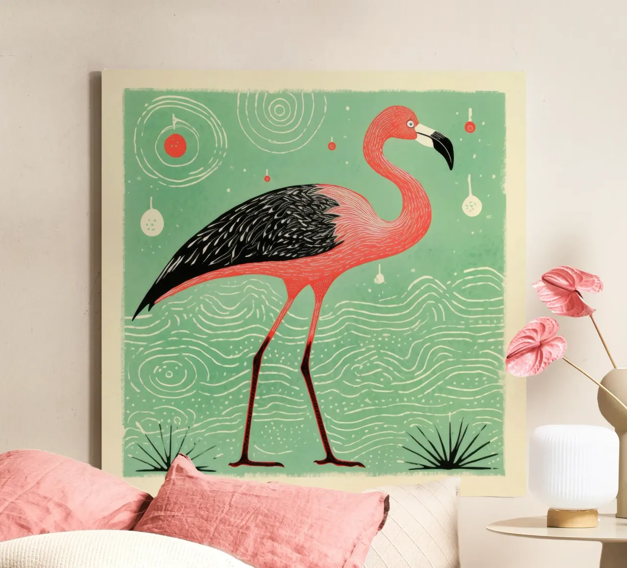 Groene flamingo 4 canvas met Baklijst van Minimal Animal Art