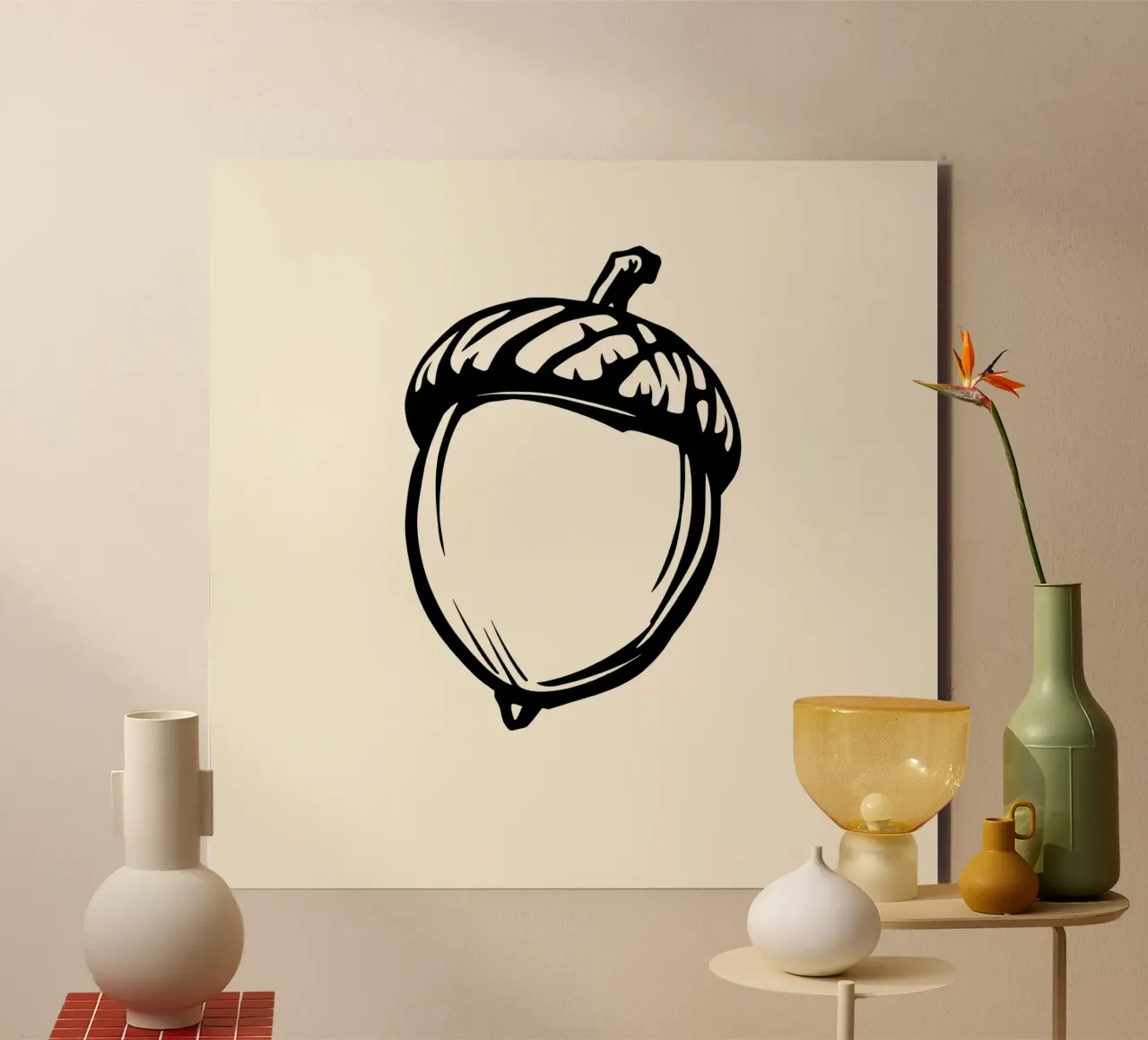Illustrazione dettagliata di una singola ghianda in bianco e nero alluminio dibond da DesignDoodle