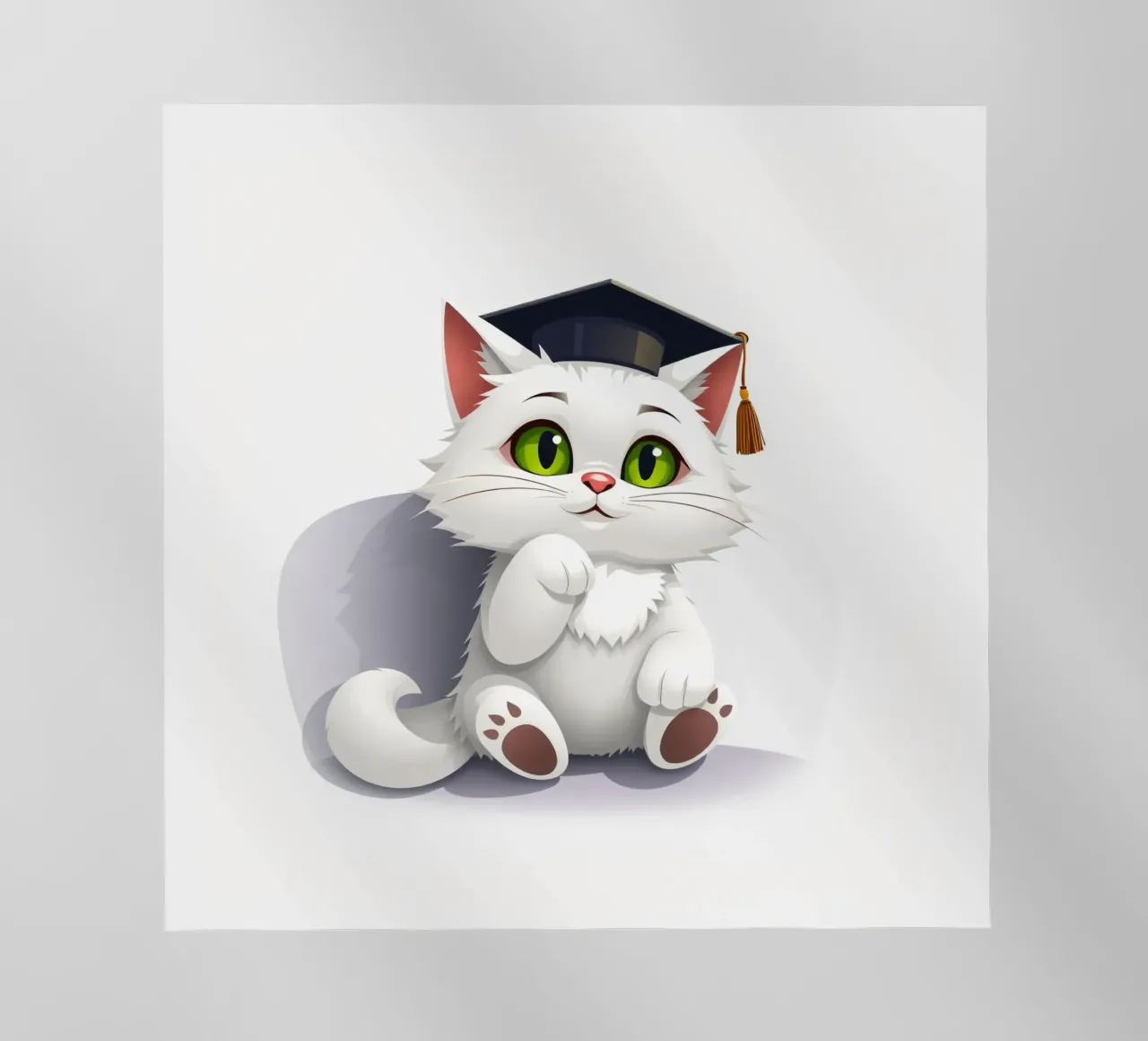 Simpatico gatto bianco che indossa un cappello da laurea, seduto felicemente pellicola backlit da DesignDoodle