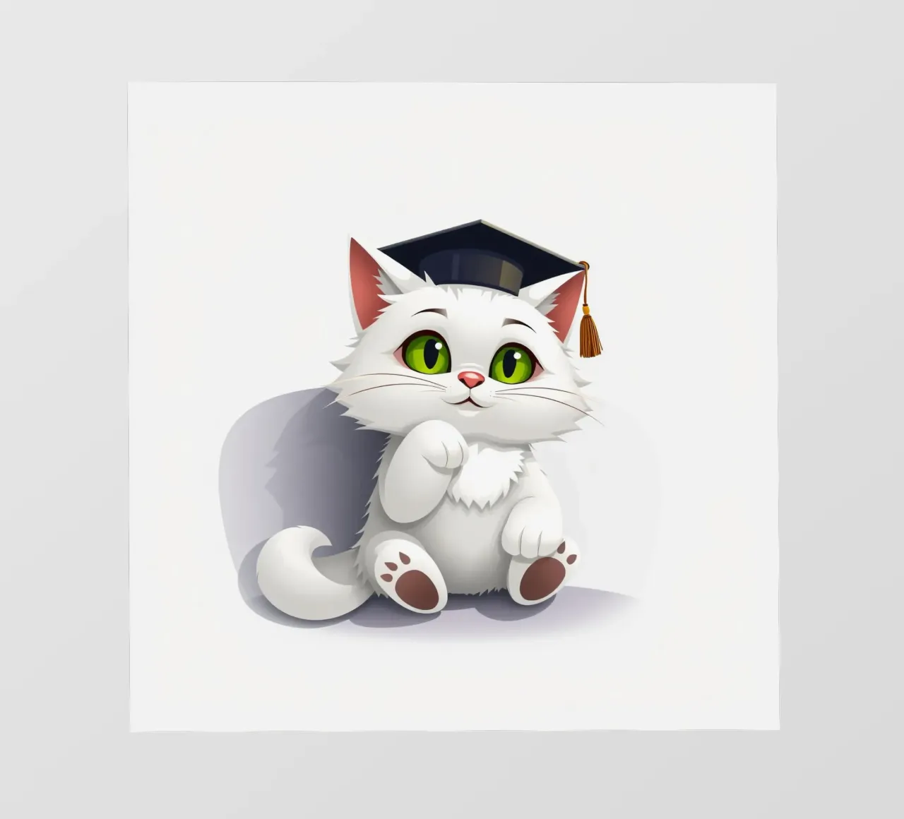 Simpatico gatto bianco che indossa un cappello da laurea, seduto felicemente pellicola backlit da DesignDoodle