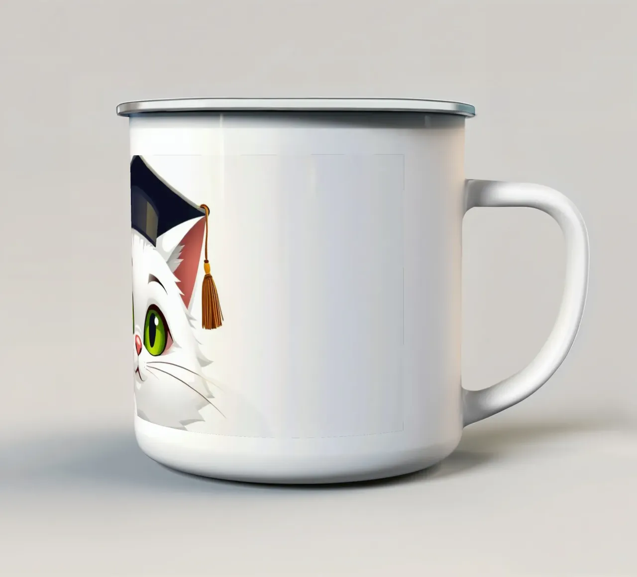Simpatico gatto bianco che indossa un cappello da laurea, seduto felicemente tazza in smalto da DesignDoodle