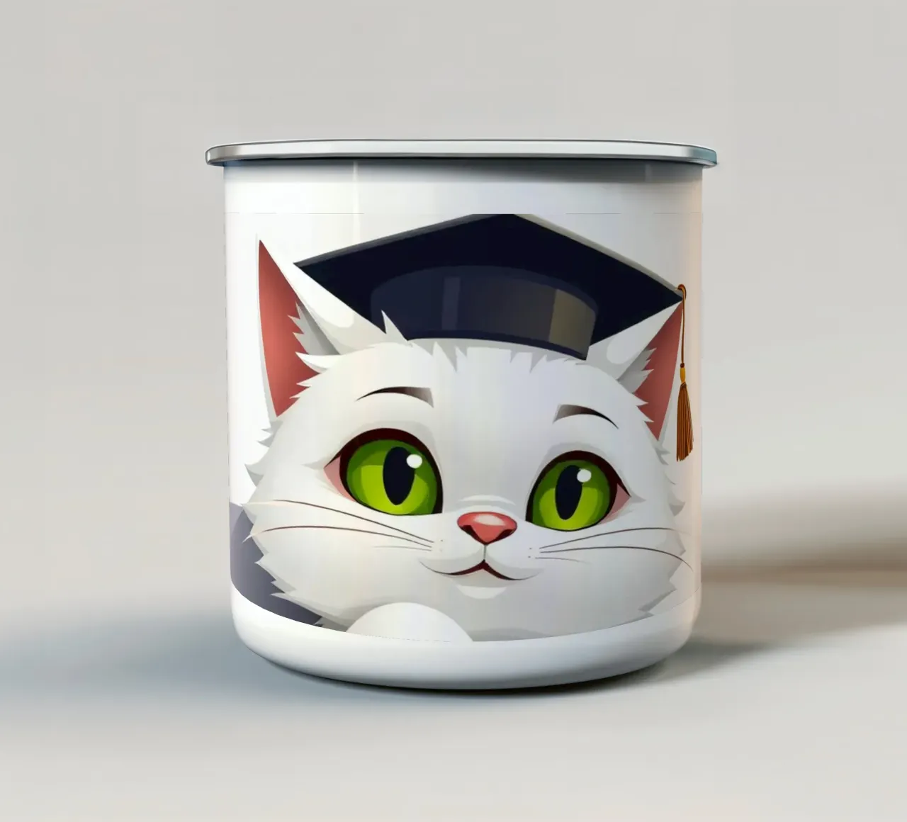 Simpatico gatto bianco che indossa un cappello da laurea, seduto felicemente tazza in smalto da DesignDoodle