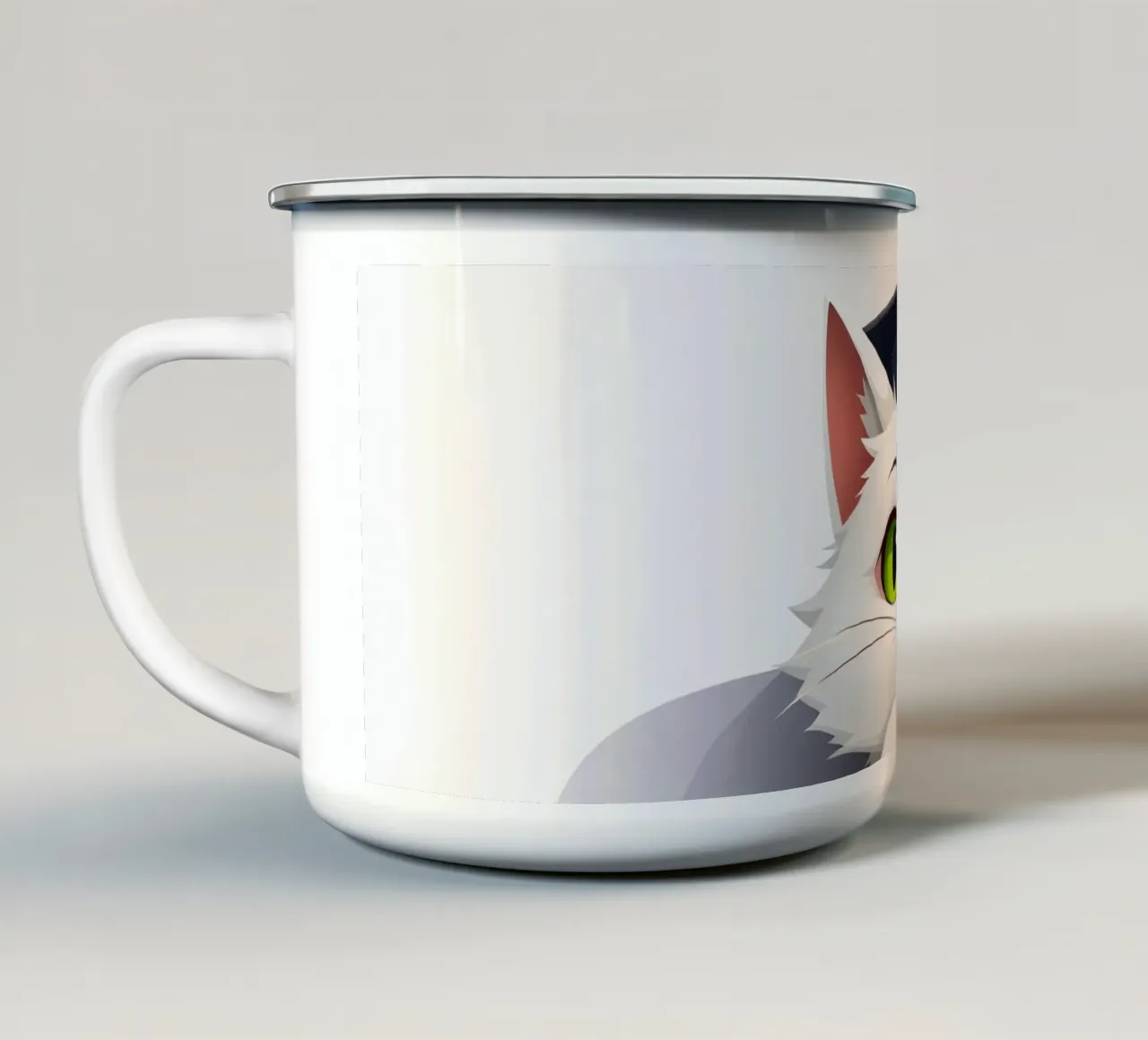 Simpatico gatto bianco che indossa un cappello da laurea, seduto felicemente tazza in smalto da DesignDoodle