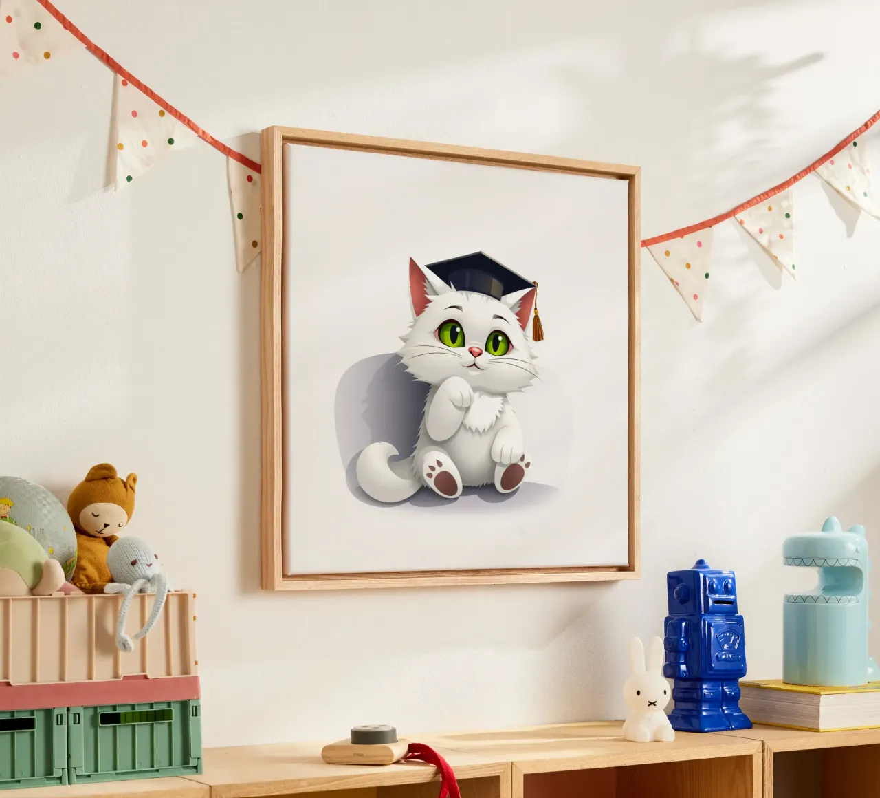 Lindo gato blanco con una gorra de graduación, sentado felizmente lienzo con Marco flotante de DesignDoodle