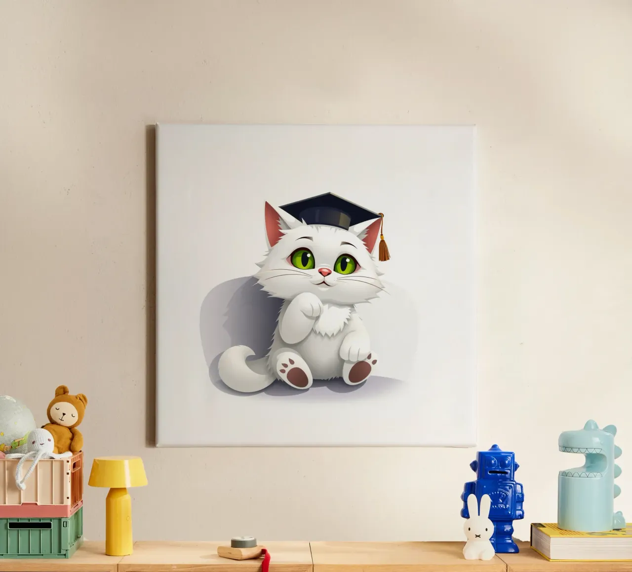Lindo gato blanco con una gorra de graduación, sentado felizmente lienzo con Marco flotante de DesignDoodle