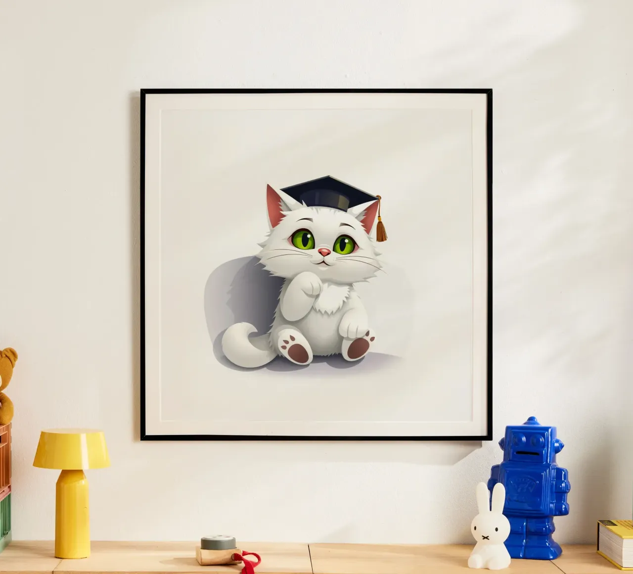 Simpatico gatto bianco che indossa un cappello da laurea, seduto felicemente poster con telaio in legno da DesignDoodle