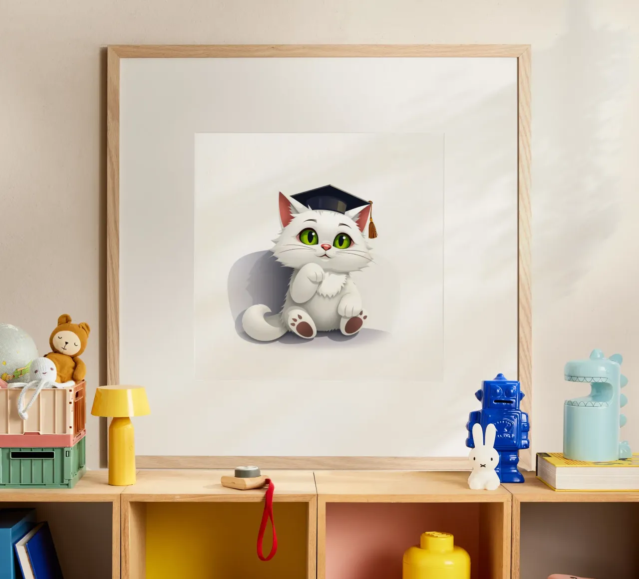 Simpatico gatto bianco che indossa un cappello da laurea, seduto felicemente poster con telaio in legno da DesignDoodle