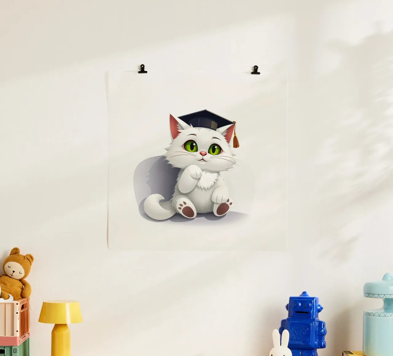 Simpatico gatto bianco che indossa un cappello da laurea, seduto felicemente poster con telaio in legno da DesignDoodle