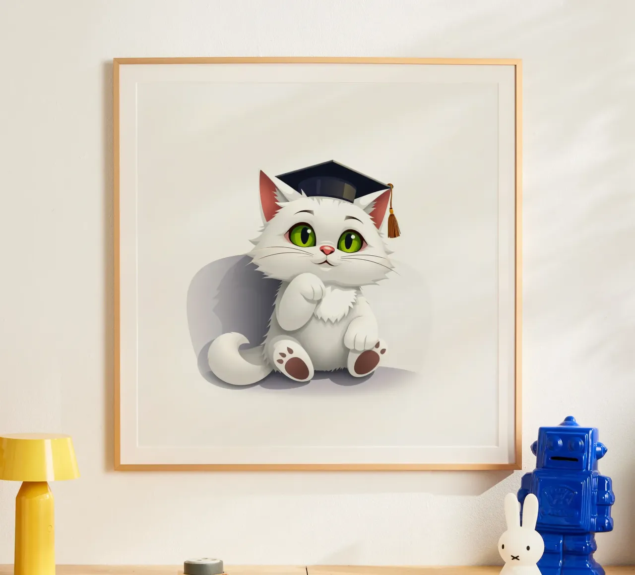 Simpatico gatto bianco che indossa un cappello da laurea, seduto felicemente poster con telaio in legno da DesignDoodle