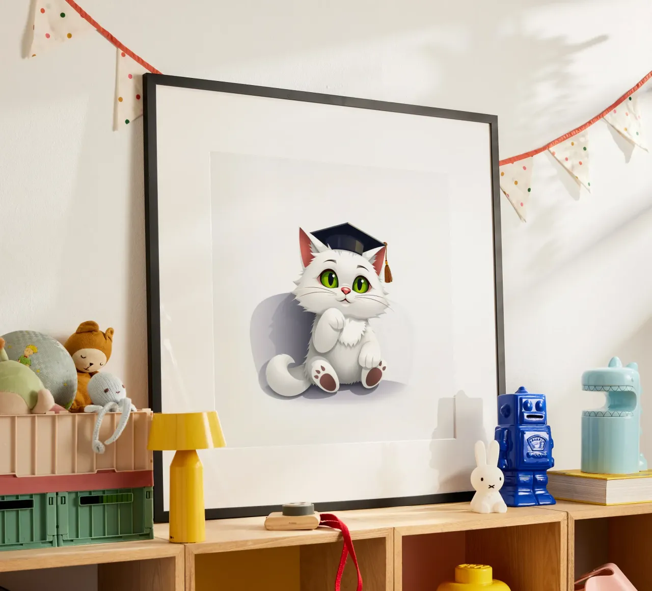 Simpatico gatto bianco che indossa un cappello da laurea, seduto felicemente poster con telaio in legno da DesignDoodle