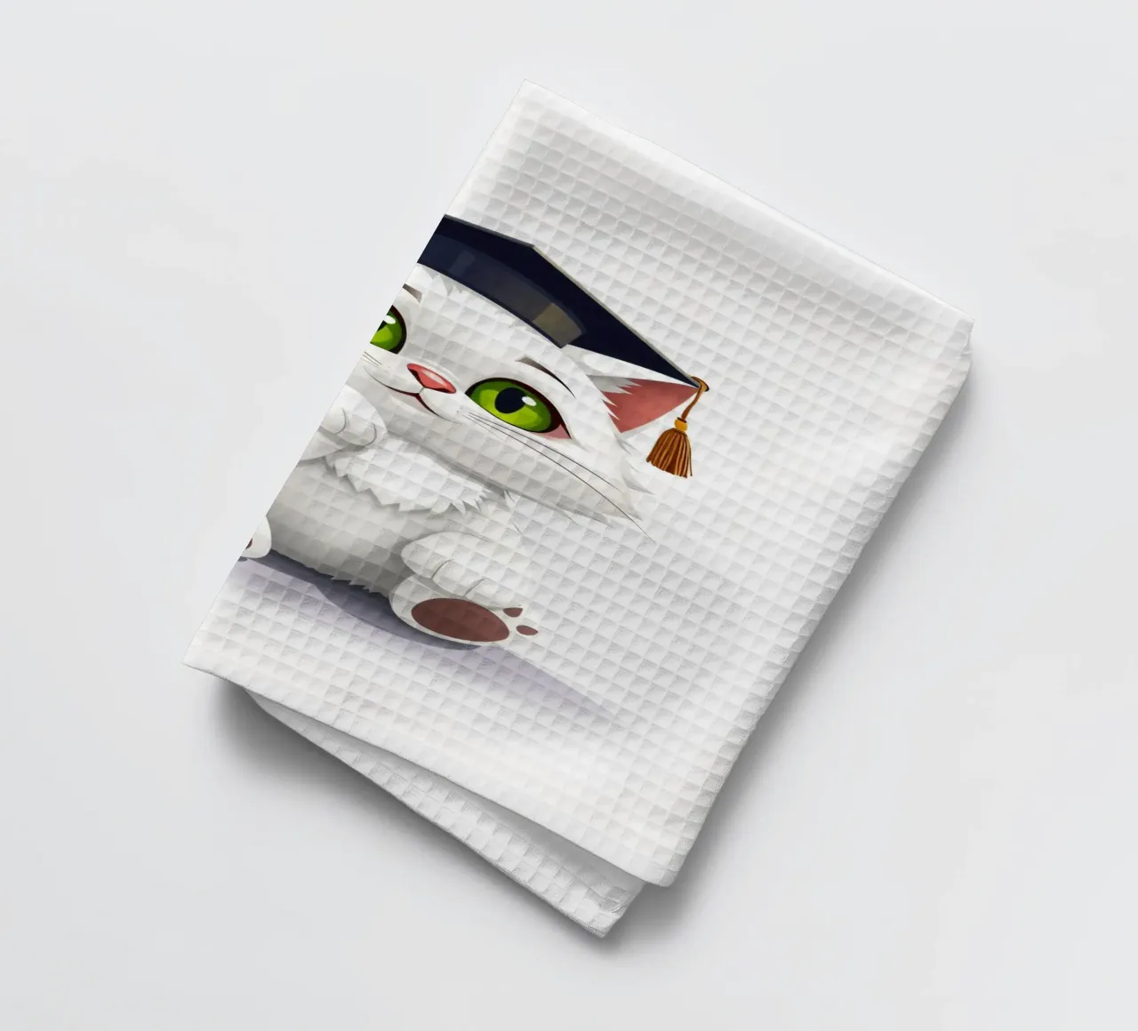 Mignon chat blanc portant un bonnet de fin d'études, assis joyeusement torchon de DesignDoodle