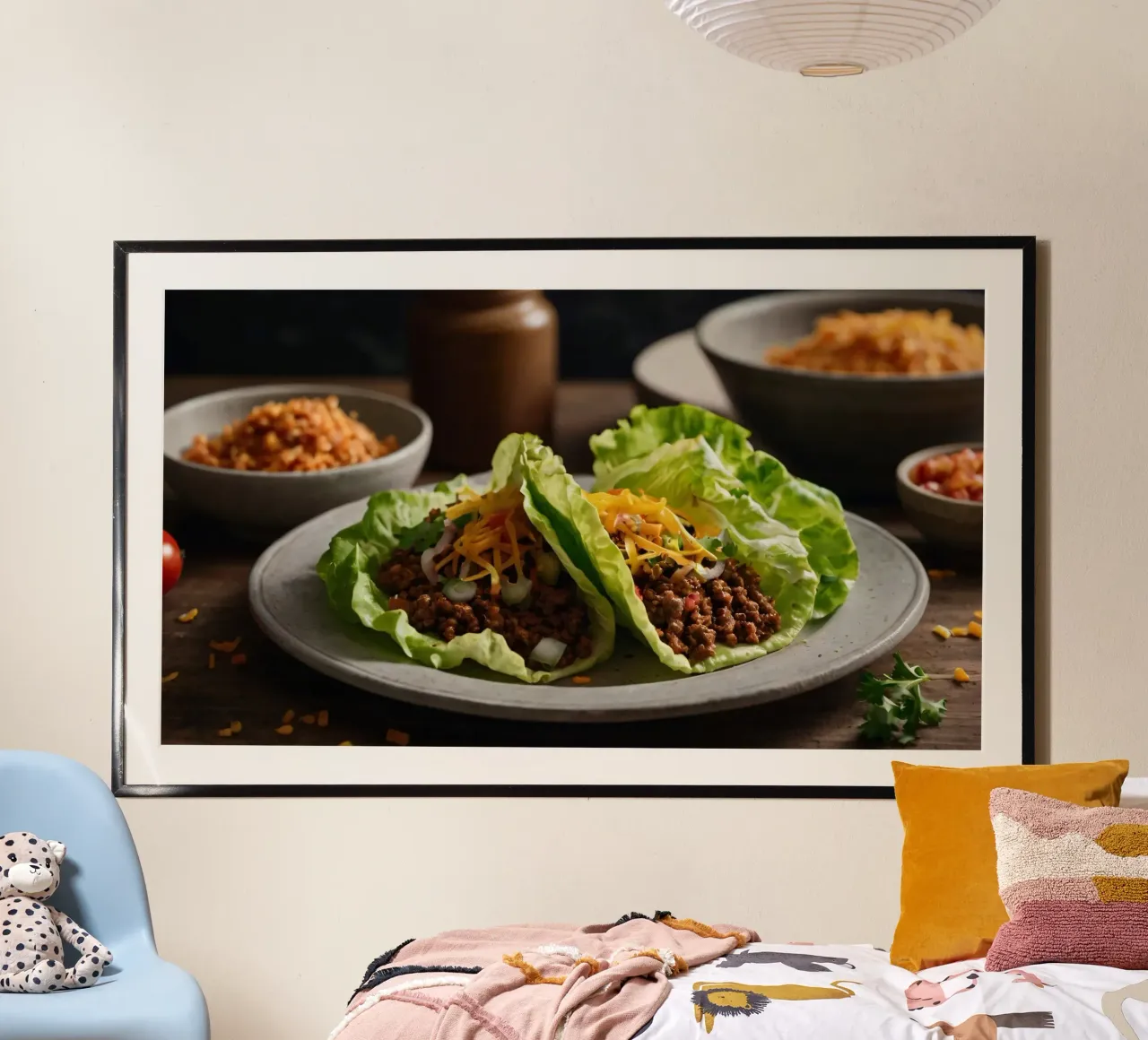Deliziosi involtini di lattuga ripieni di carne di manzo stagionata poster con telaio in alluminio da DesignDoodle