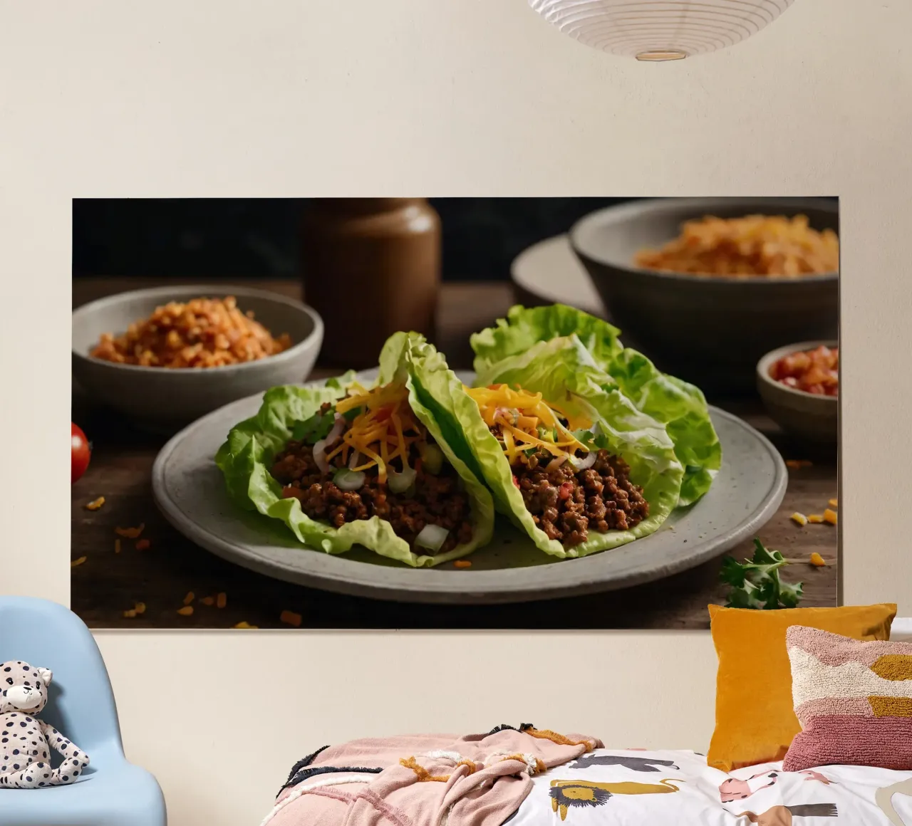 Deliziosi involtini di lattuga ripieni di carne di manzo stagionata poster con telaio in alluminio da DesignDoodle