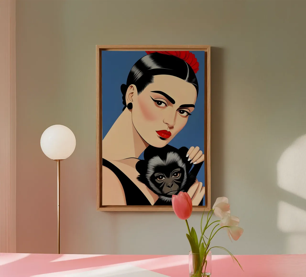 Frida Kahlo And Pet Monkey canvas with Floater frame by ART DECO