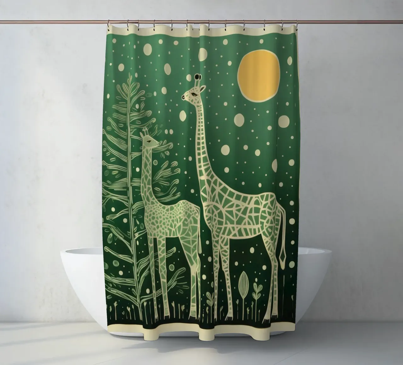 Green Giraffes shower curtain by Minimal Animal Art