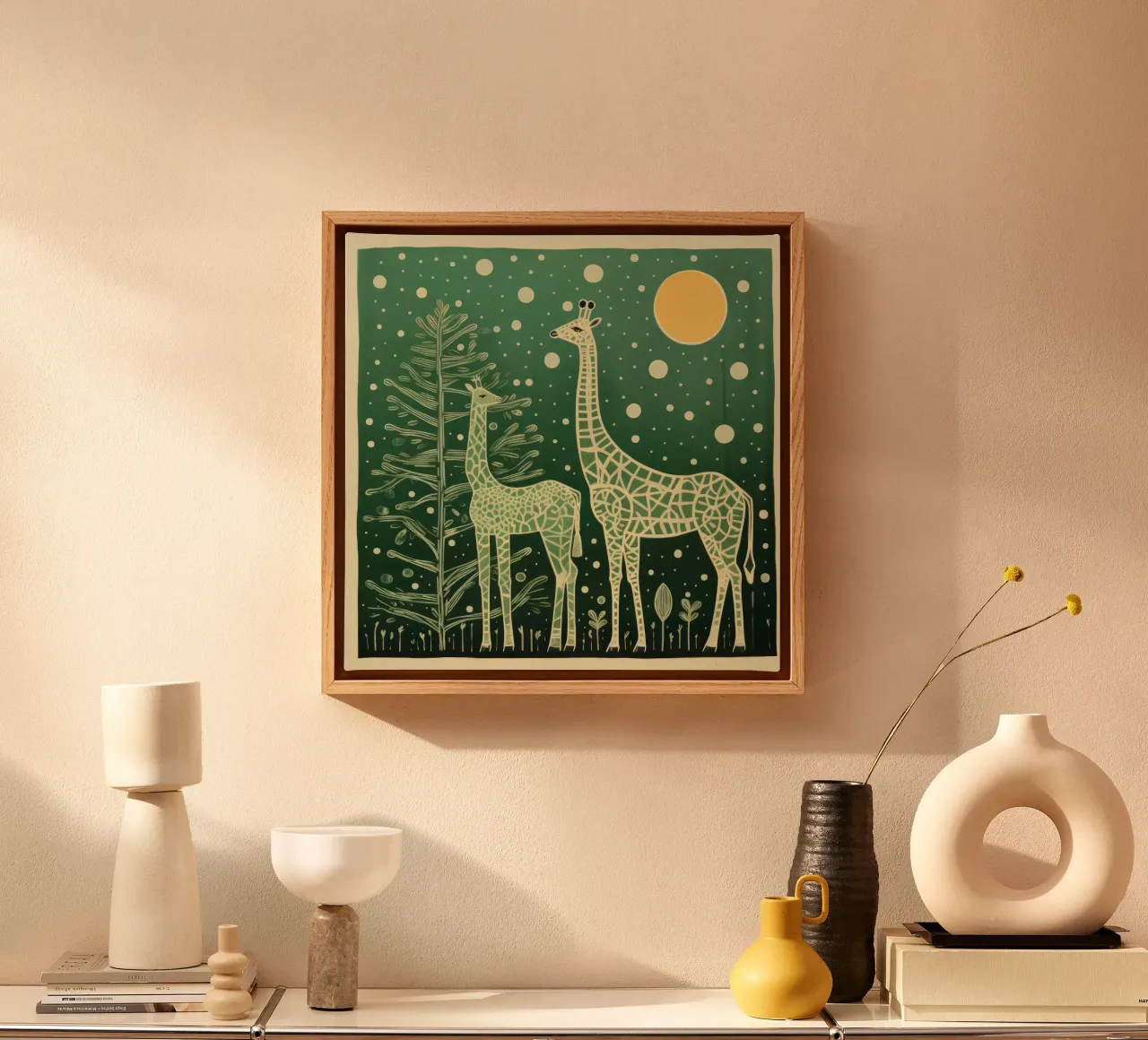 Giraffa verde 2 tela con Cornice a cassetta da Minimal Animal Art