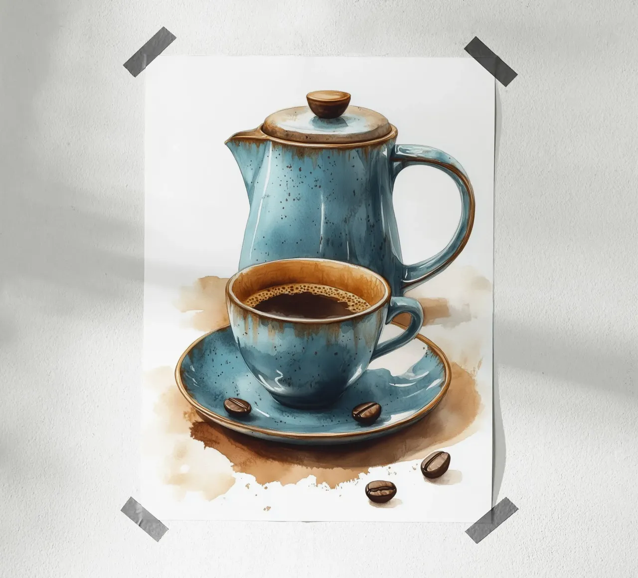 Blue mug and coffee pot poster by Spice & Style