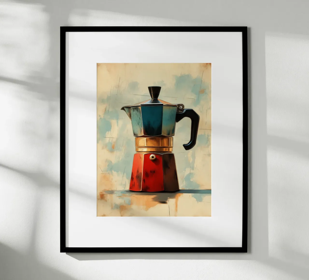 Kleurrijk mokkakoffiezetapparaat poster met houten frame van Spice & Style