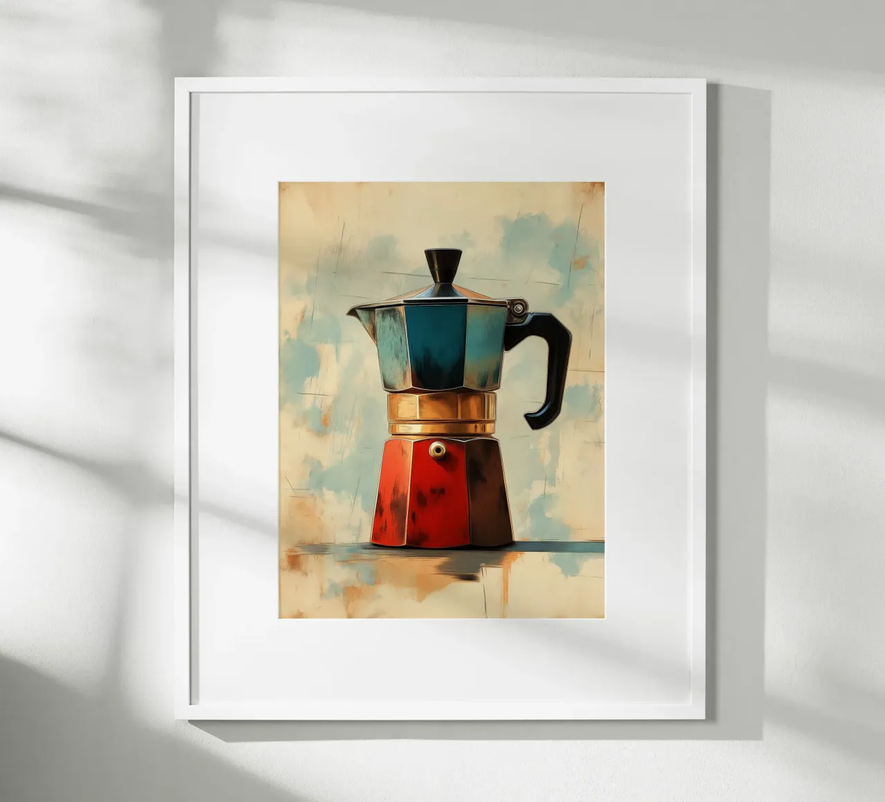 Kleurrijk mokkakoffiezetapparaat poster met houten frame van Spice & Style