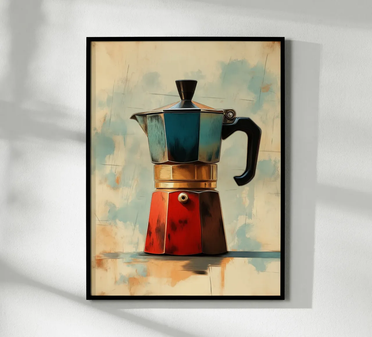 Kleurrijk mokkakoffiezetapparaat poster met houten frame van Spice & Style