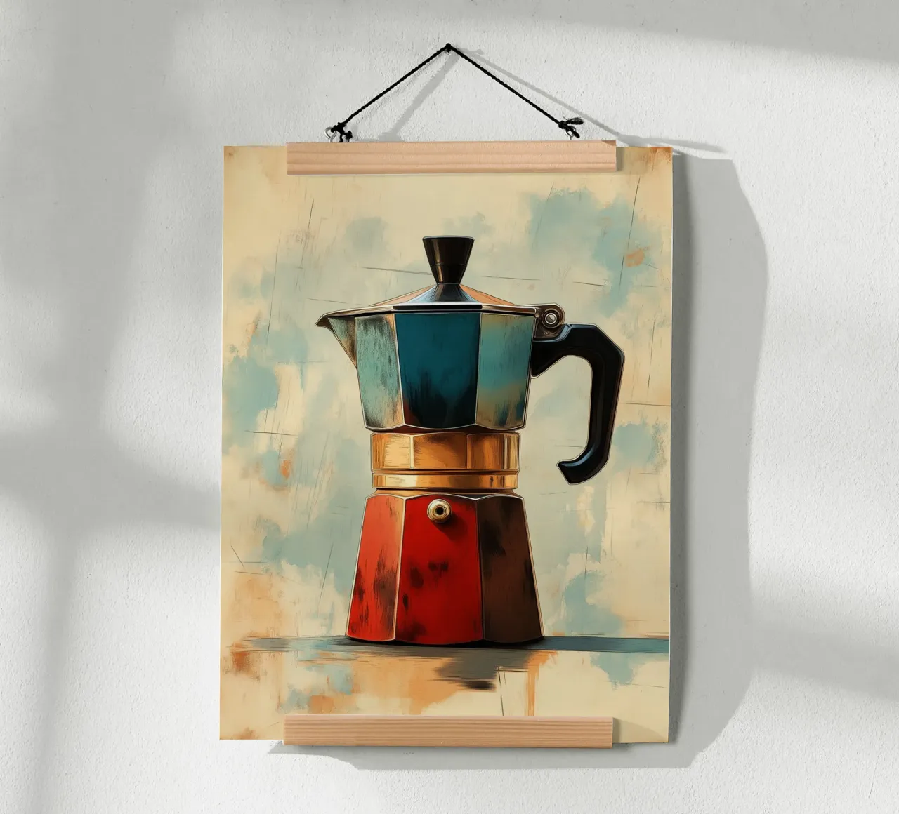 Kleurrijk mokkakoffiezetapparaat poster met houten frame van Spice & Style