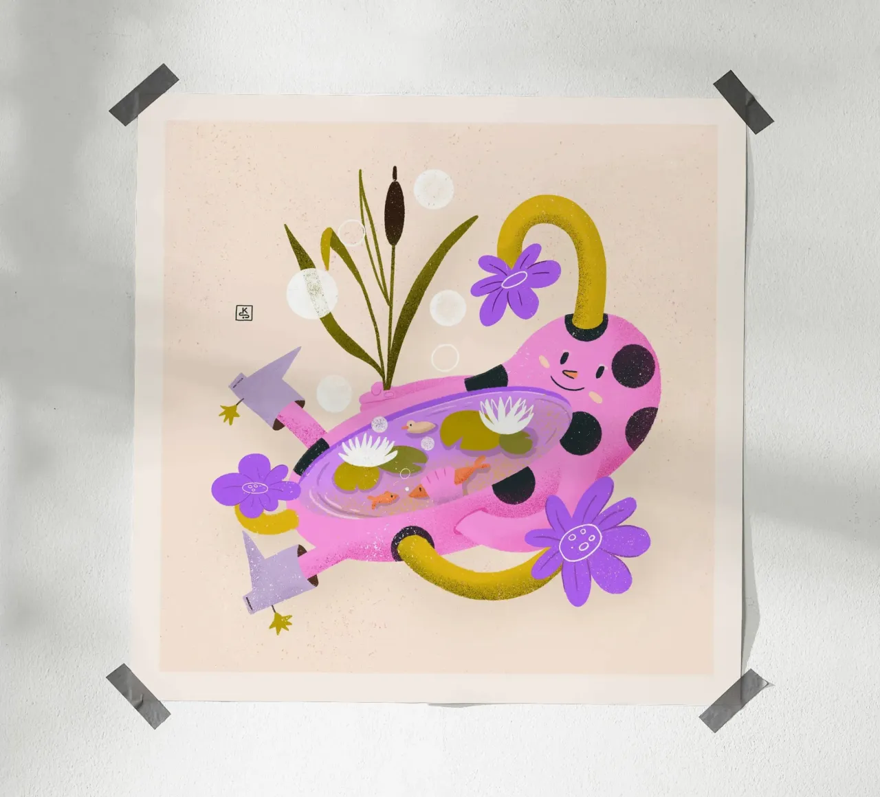 Small fun pond with ducks, fish and water lilies poster with plastic frame by Bold & Beautiful