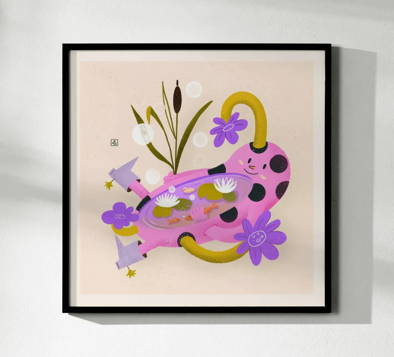 Small fun pond with ducks, fish and water lilies poster with plastic frame by Bold & Beautiful