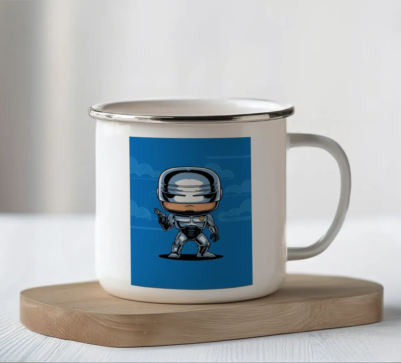 cartoonish character in metallic armor tazza in smalto da ramosashop