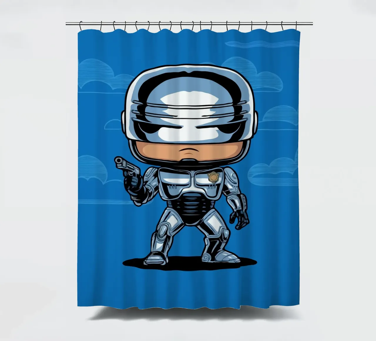 cartoonish character in metallic armor tenda da doccia da ramosashop