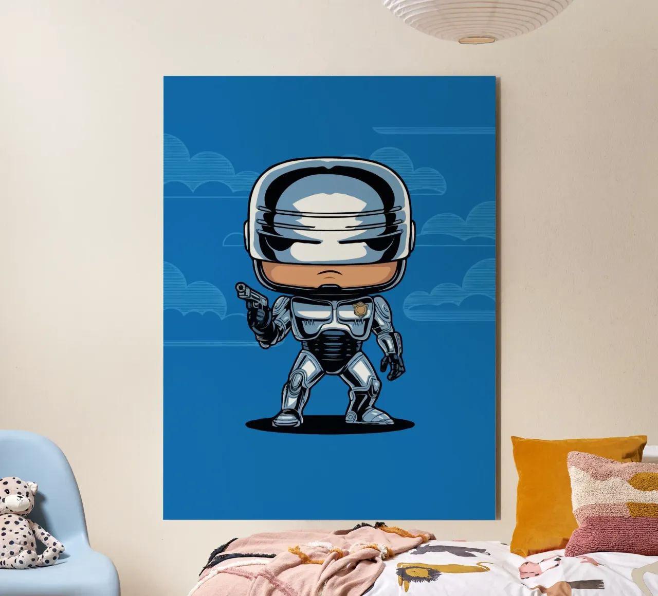 cartoonish character in metallic armor alluminio dibond da ramosashop