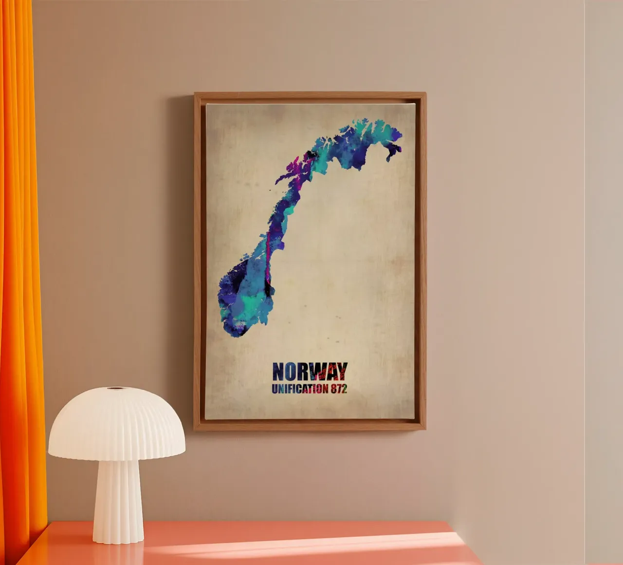 Norway Watercolor Map canvas met Baklijst van Naxart