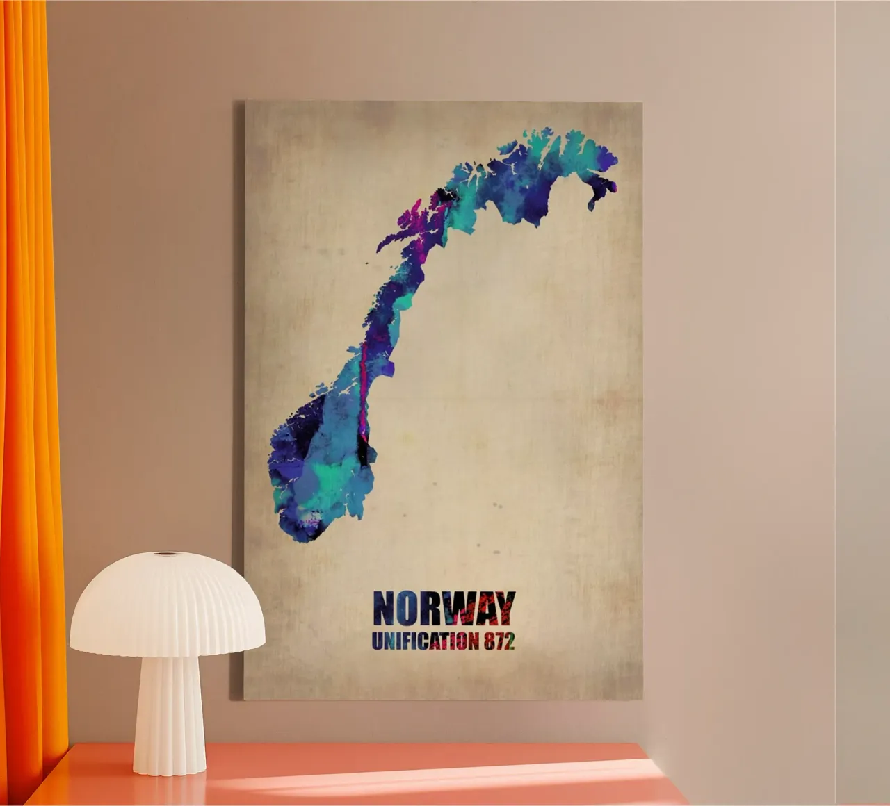 Norway Watercolor Map canvas met Baklijst van Naxart