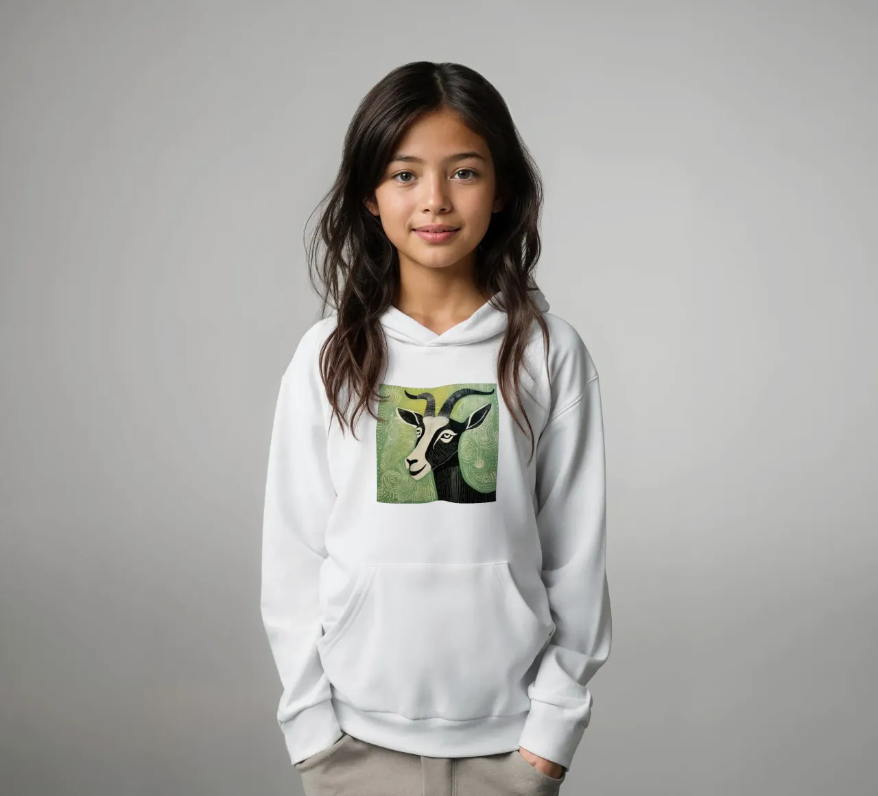 Green Goat 2 kids hoodie by Minimal Animal Art