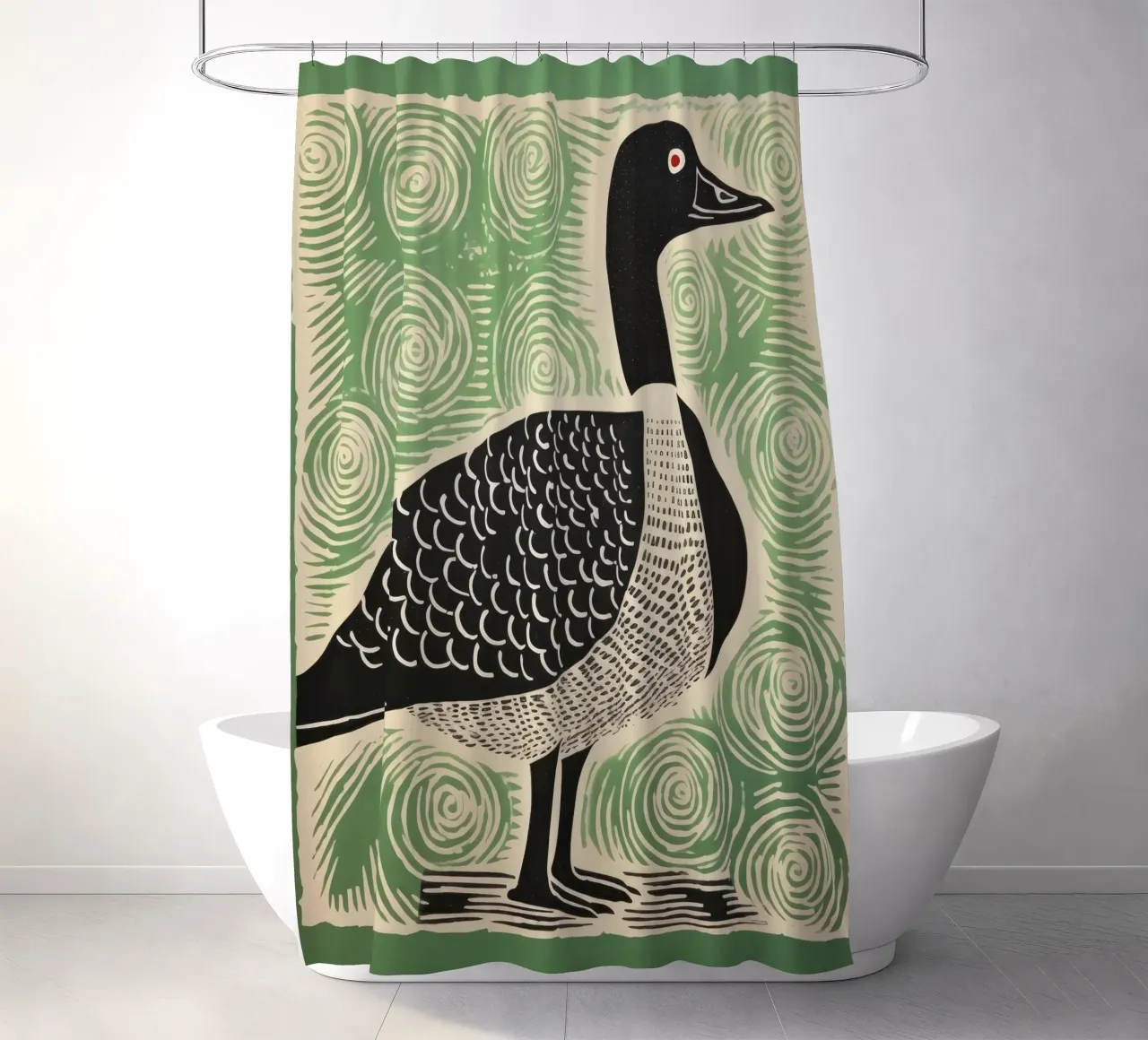 Green Goose 3 shower curtain by Minimal Animal Art
