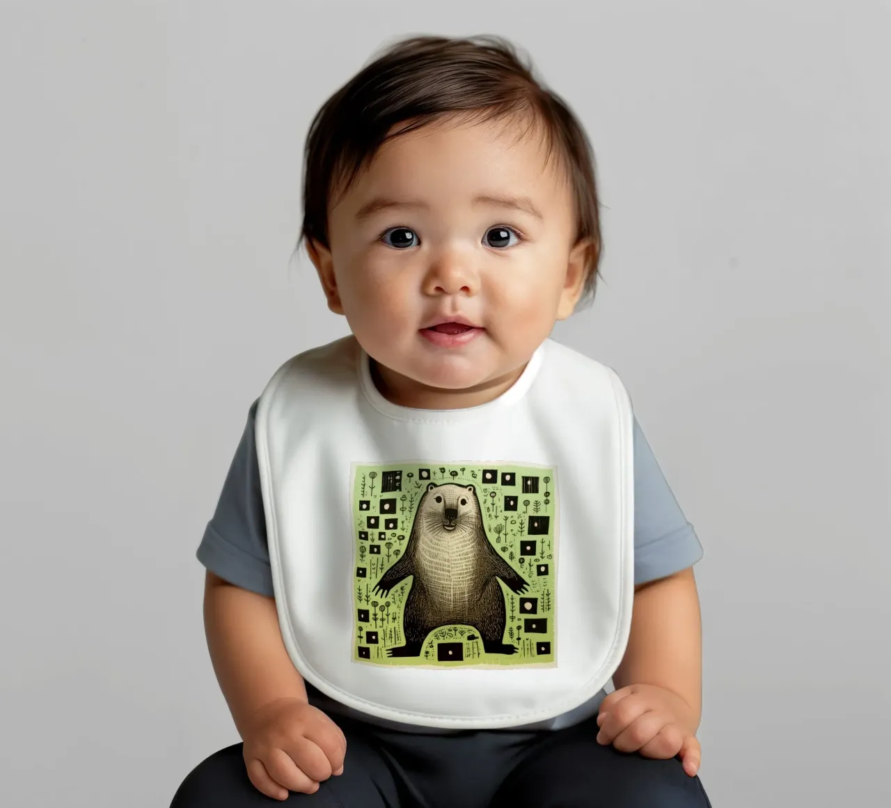 Green Groundhog 2 baby bib by Minimal Animal Art