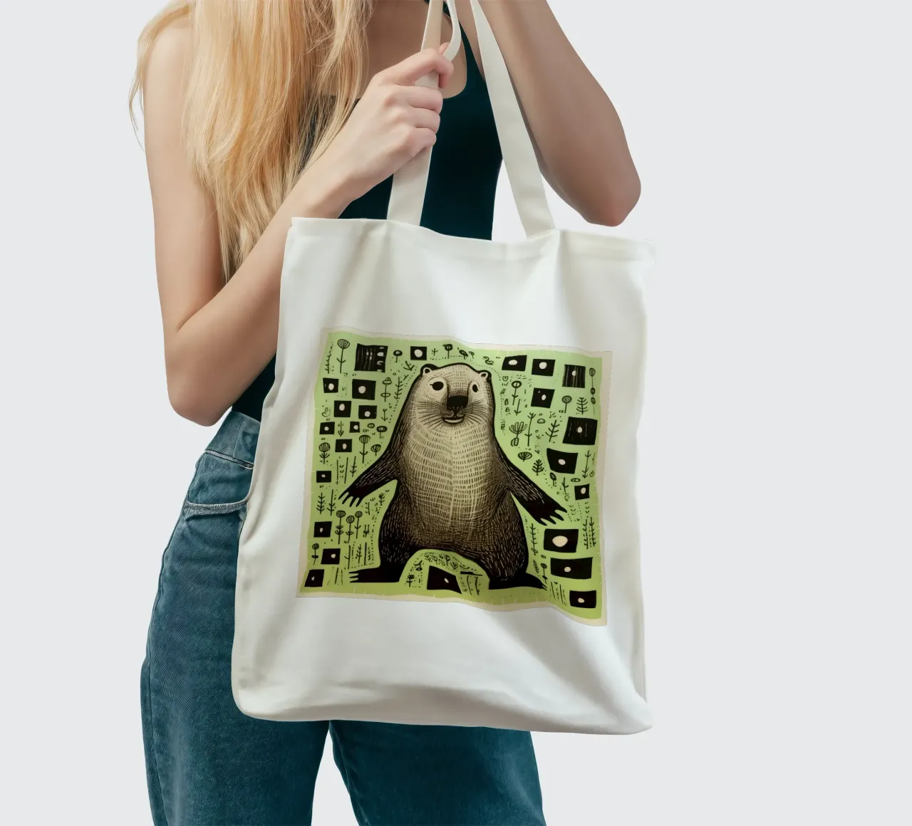 Green Groundhog 2 tote bag by Minimal Animal Art