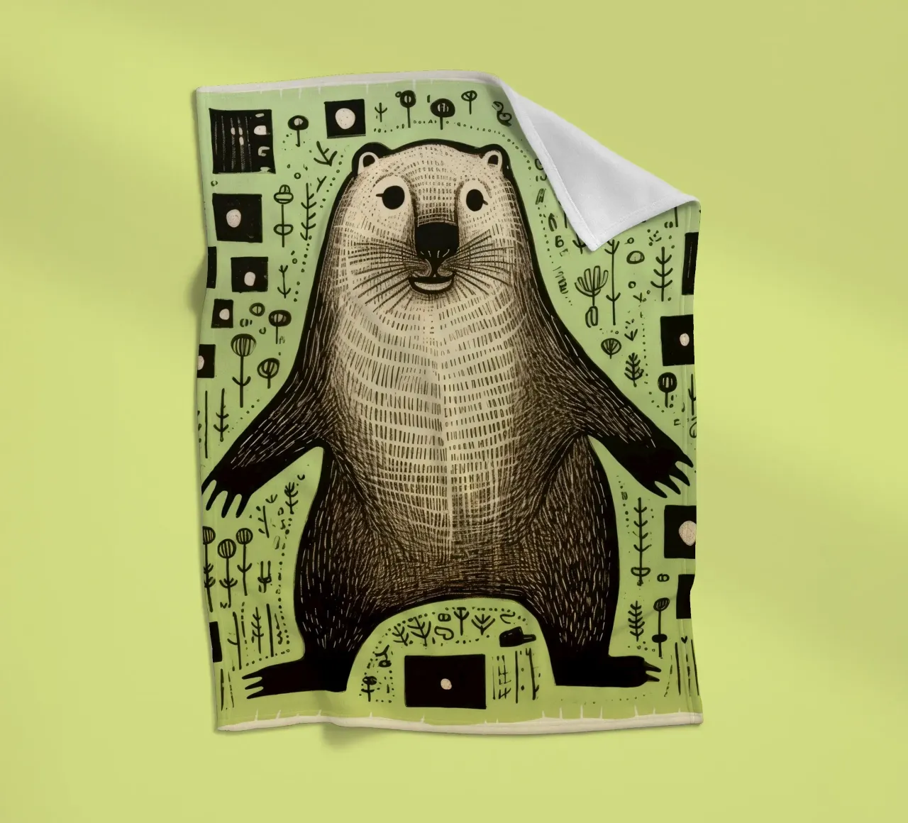 Green Groundhog 2 fleece blanket by Minimal Animal Art