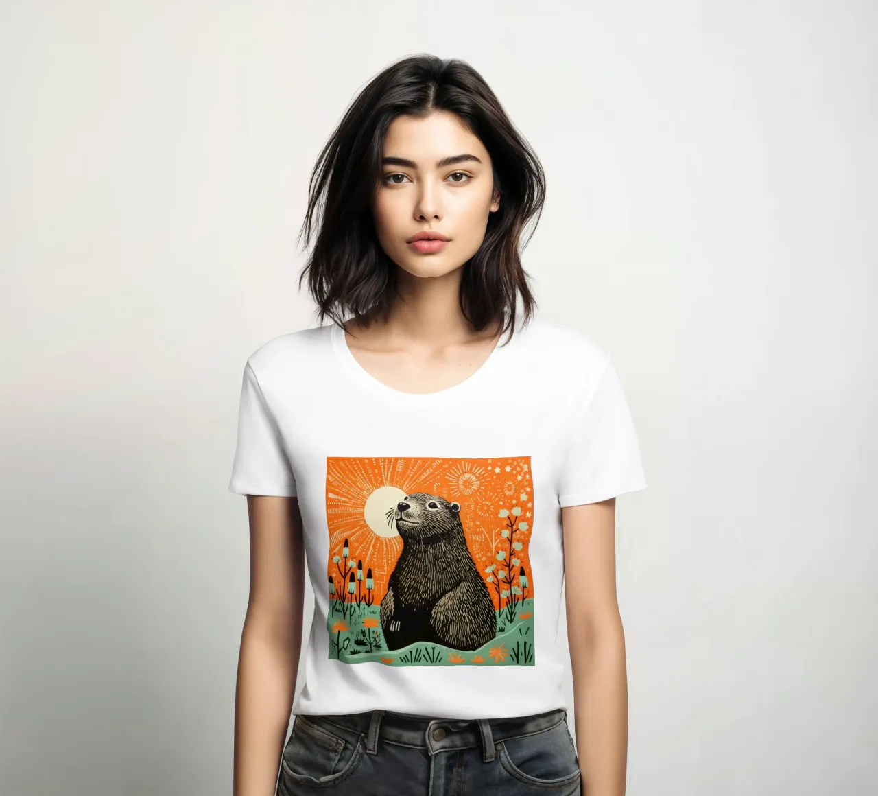 Green Groundhog 4 women's fitted t-shirt by Minimal Animal Art