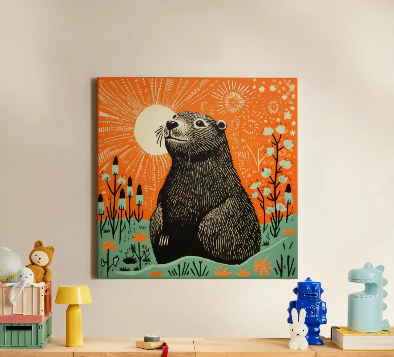 Green Groundhog 4 canvas by Minimal Animal Art