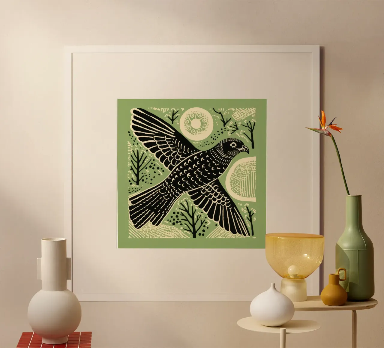 Falco Verde 3 poster con telaio in alluminio da Minimal Animal Art