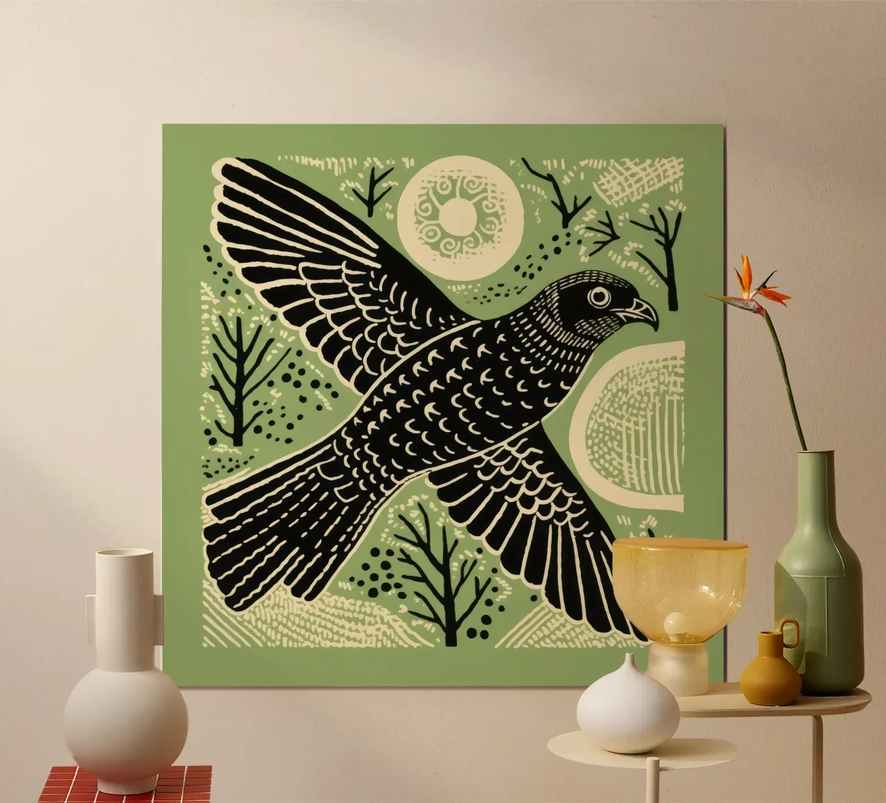 Falco Verde 3 poster con telaio in alluminio da Minimal Animal Art