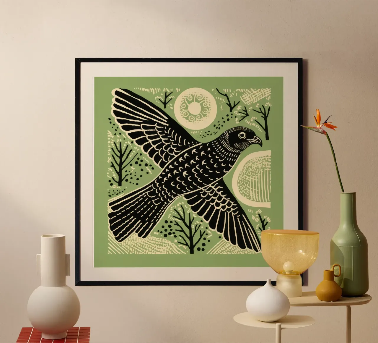 Falco Verde 3 poster con telaio in alluminio da Minimal Animal Art