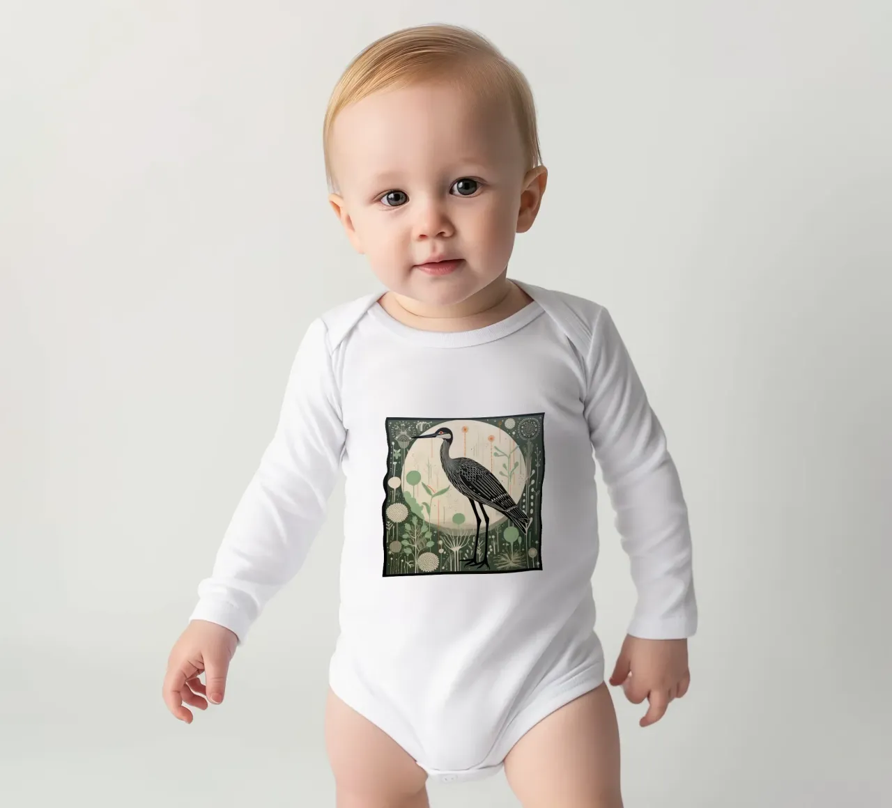 Green Heron 4 long-sleeve baby romper by Minimal Animal Art