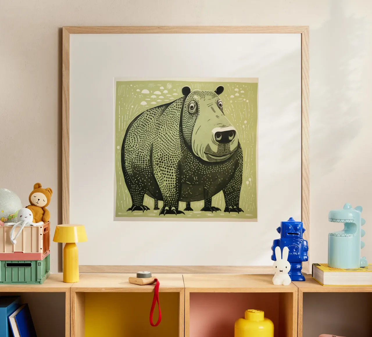 Ippopotamo verde 2 poster con telaio in alluminio da Minimal Animal Art