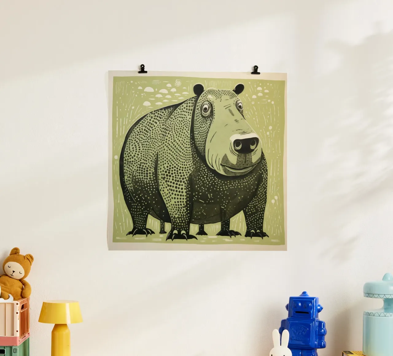 Ippopotamo verde 2 poster con telaio in alluminio da Minimal Animal Art