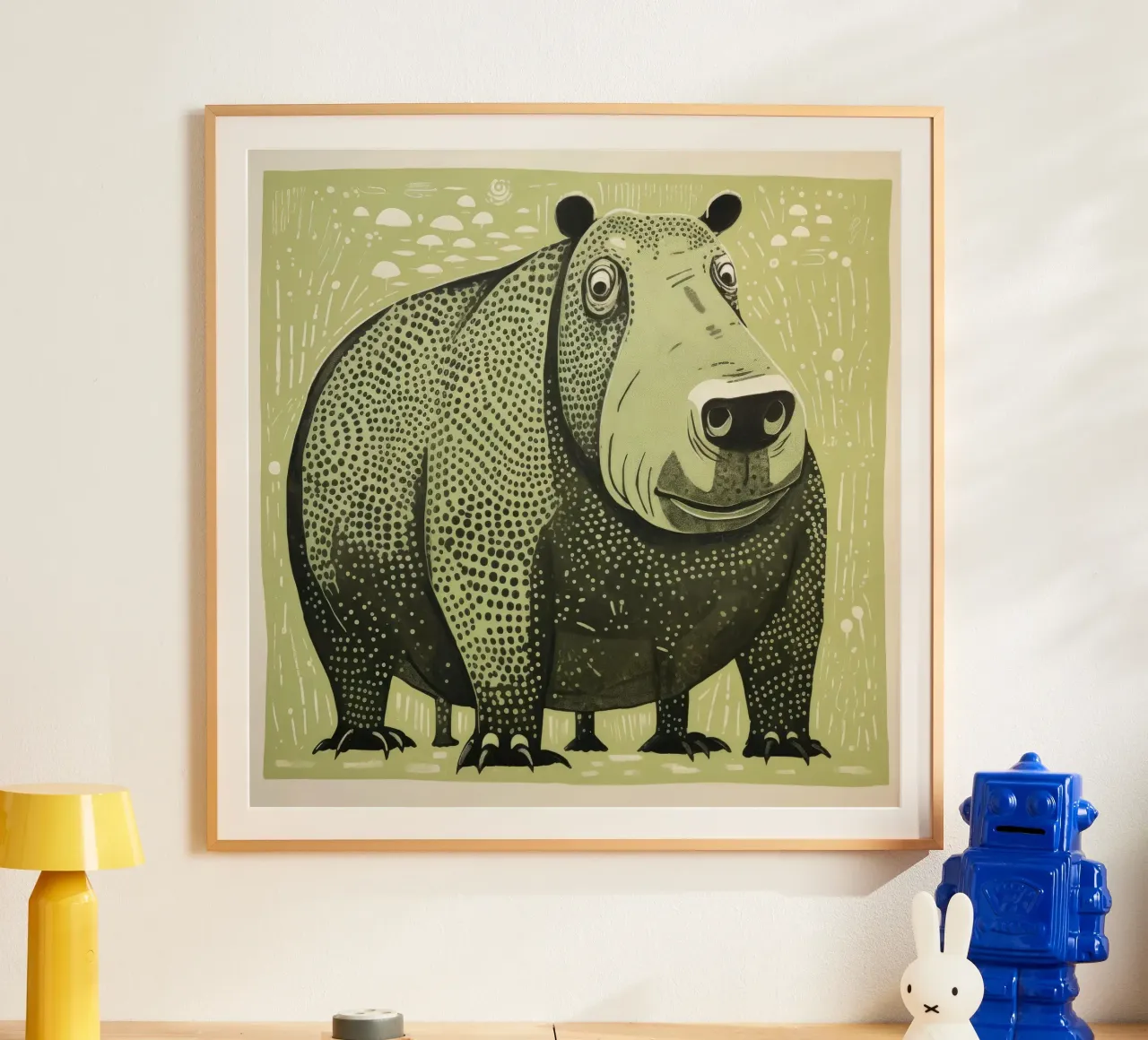 Ippopotamo verde 2 poster con telaio in alluminio da Minimal Animal Art